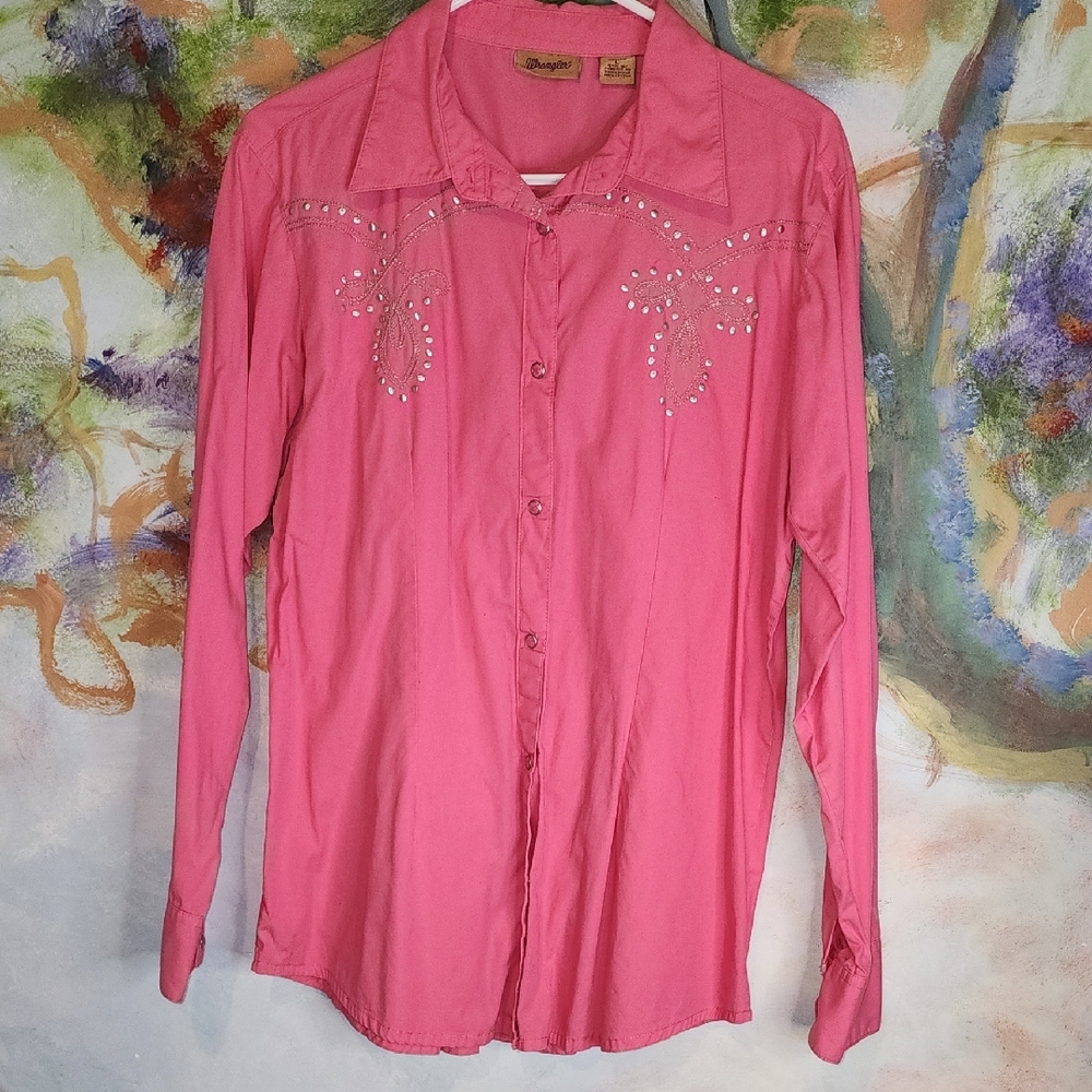 Wrangler Pink Long Sleeve Notched Collar Button Down Shirt